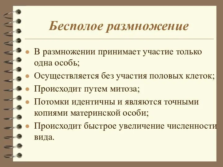 Бесполое размножение В размножении принимает участие только одна особь; Осуществляется без