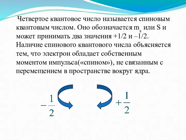 Четвертое квантовое число называется спиновым квантовым числом. Оно обозначается ms или