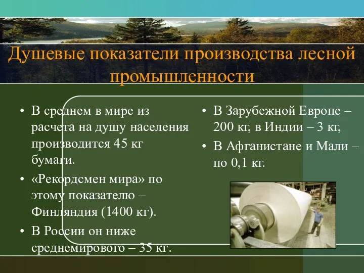 Душевые показатели производства лесной промышленности В среднем в мире из расчета