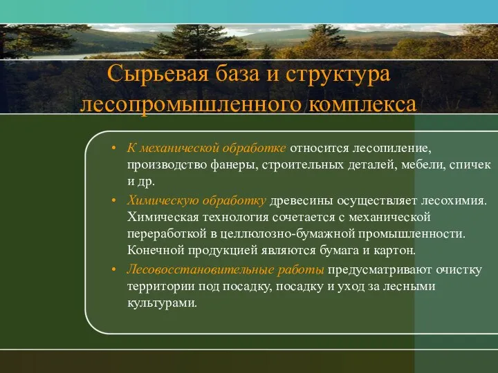 Сырьевая база и структура лесопромышленного комплекса К механической обработке относится лесопиление,