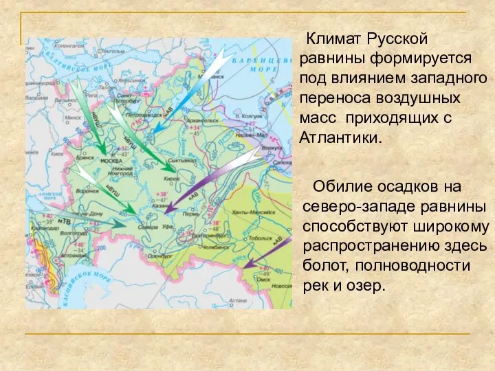 Климат Русской равнины формируется под влиянием западного переноса воздушных масс приходящих