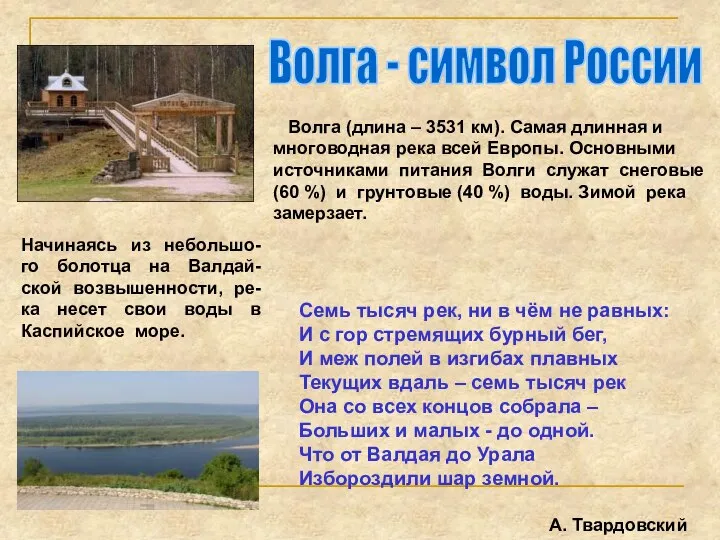 Волга - символ России Волга (длина – 3531 км). Самая длинная