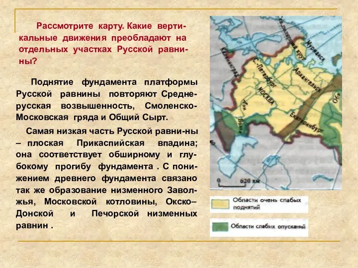 Поднятие фундамента платформы Русской равнины повторяют Средне-русская возвышенность, Смоленско-Московская гряда и