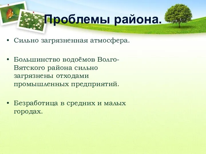 Проблемы района. Сильно загрязненная атмосфера. Большинство водоёмов Волго-Вятского района сильно загрязнены