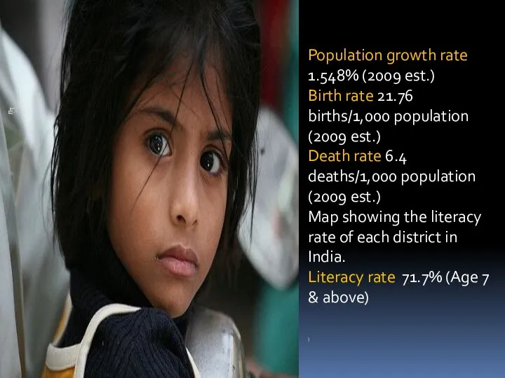 Population growth rate 1.548% (2009 est.) Birth rate 21.76 births/1,000 population