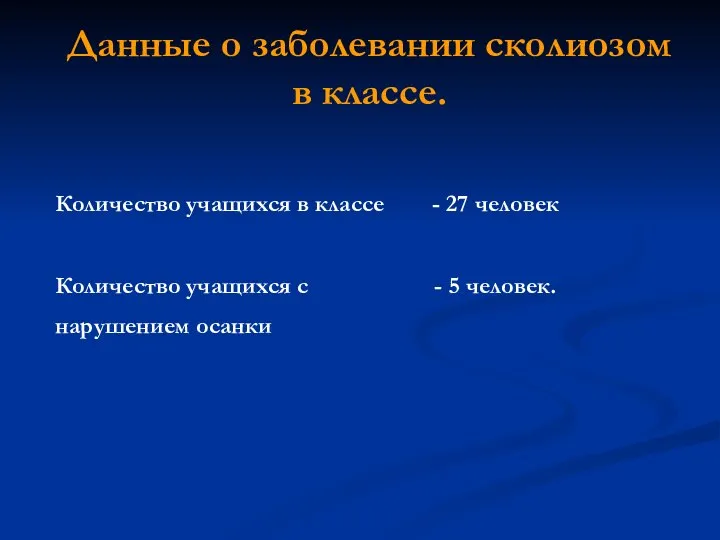 Данные о заболевании сколиозом в классе. Количество учащихся в классе -