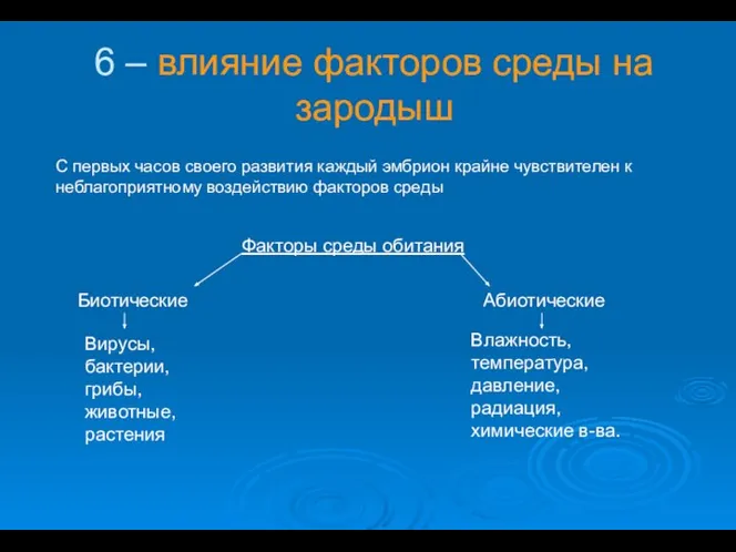 6 – влияние факторов среды на зародыш Факторы среды обитания Биотические