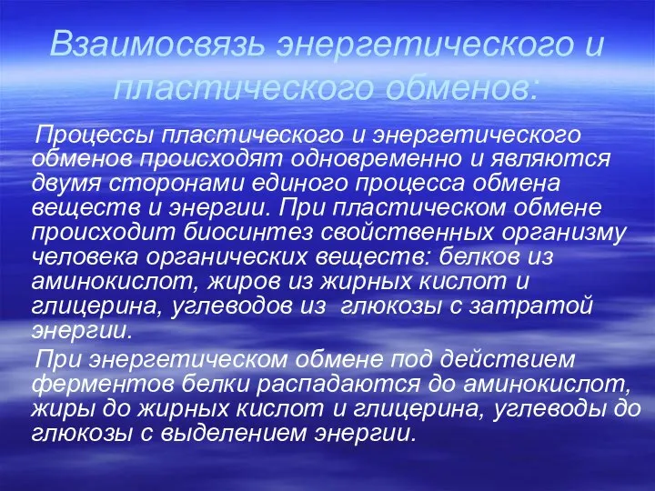 Взаимосвязь энергетического и пластического обменов: Процессы пластического и энергетического обменов происходят