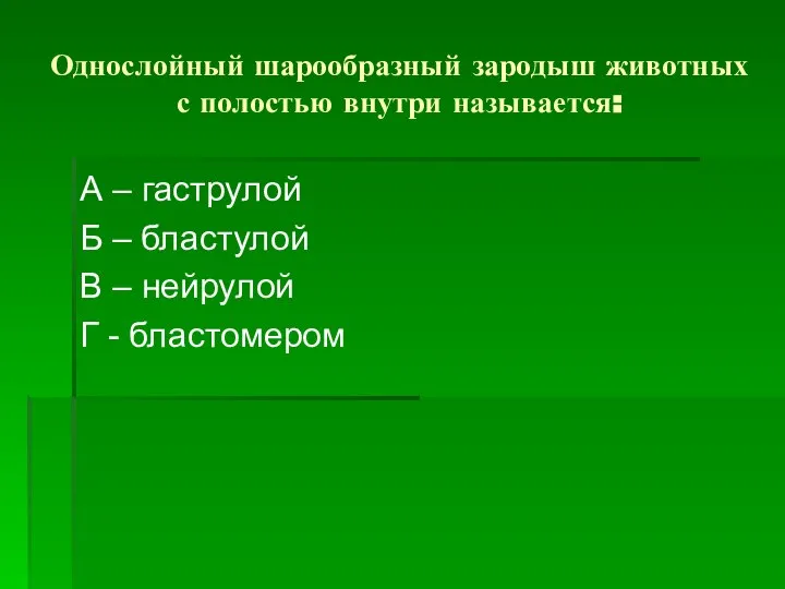 Однослойный шарообразный зародыш животных с полостью внутри называется: А – гаструлой