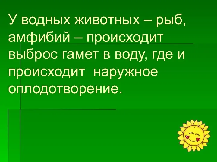 У водных животных – рыб, амфибий – происходит выброс гамет в