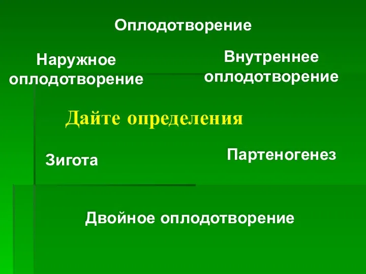 Дайте определения Оплодотворение Зигота Наружное оплодотворение Внутреннее оплодотворение Двойное оплодотворение Партеногенез