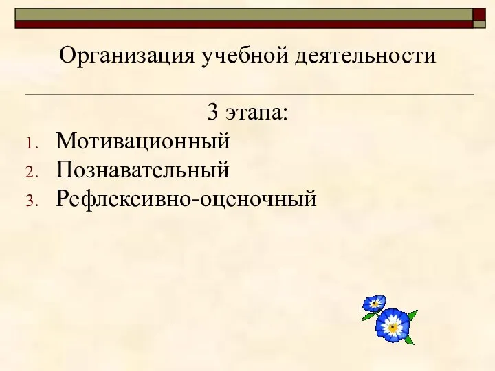 Организация учебной деятельности 3 этапа: Мотивационный Познавательный Рефлексивно-оценочный