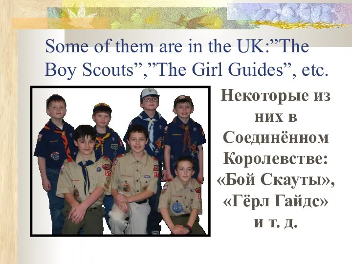 Some of them are in the UK:”The Boy Scouts”,”The Girl Guides”,