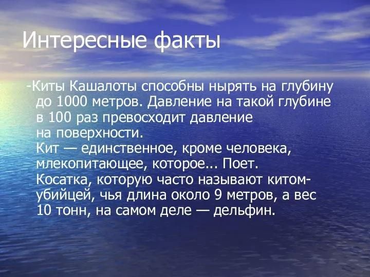 Интересные факты -Киты Кашалоты способны нырять на глубину до 1000 метров.