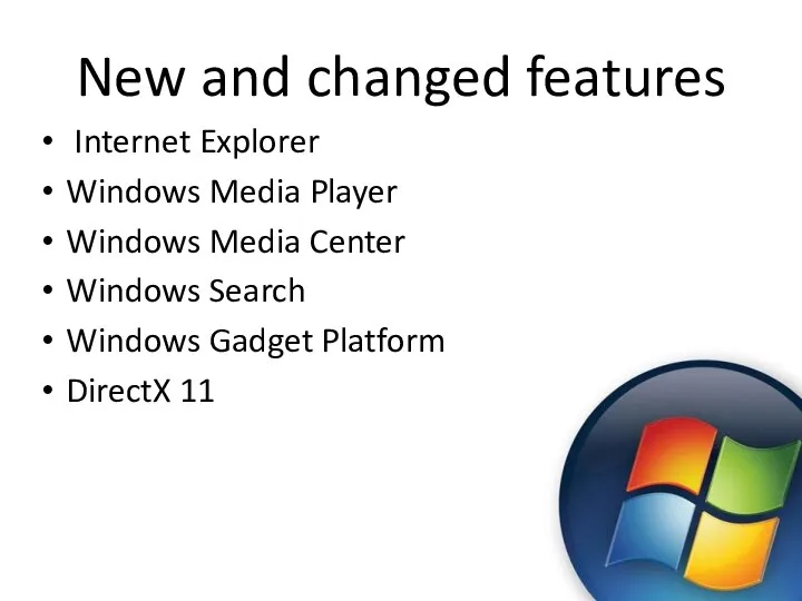 New and changed features Internet Explorer Windows Media Player Windows Media