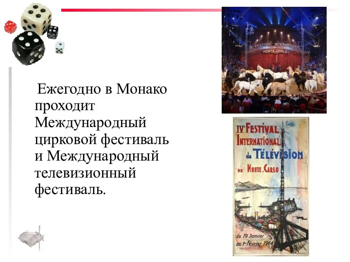 Ежегодно в Монако проходит Международный цирковой фестиваль и Международный телевизионный фестиваль.