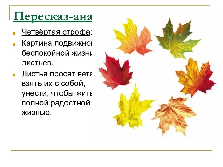 Пересказ-анализ Четвёртая строфа: Картина подвижной, беспокойной жизни листьев. Листья просят ветер