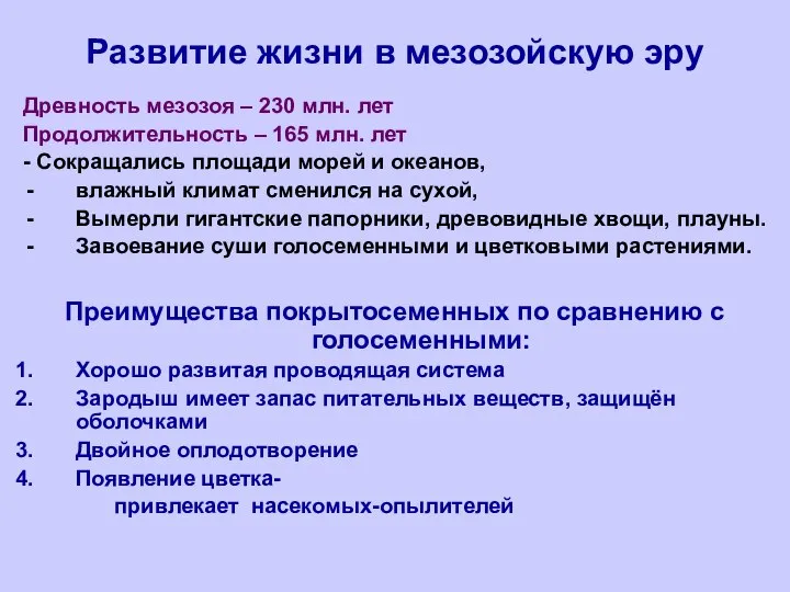 Развитие жизни в мезозойскую эру Древность мезозоя – 230 млн. лет