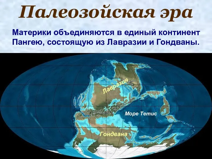 Палеозойская эра Материки объединяются в единый континент Пангею, состоящую из Лавразии