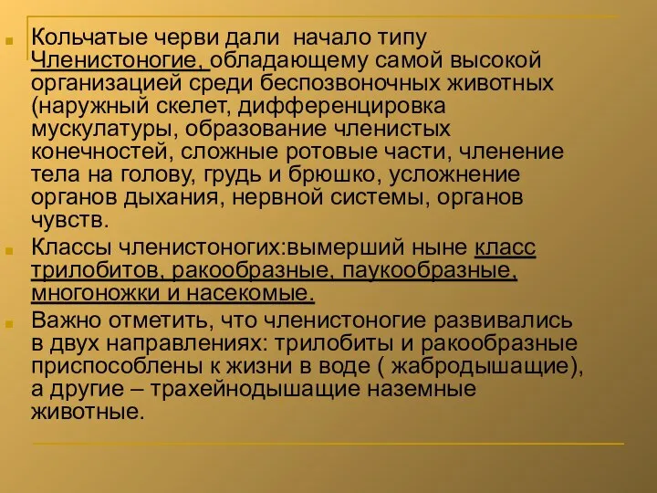 Кольчатые черви дали начало типу Членистоногие, обладающему самой высокой организацией среди