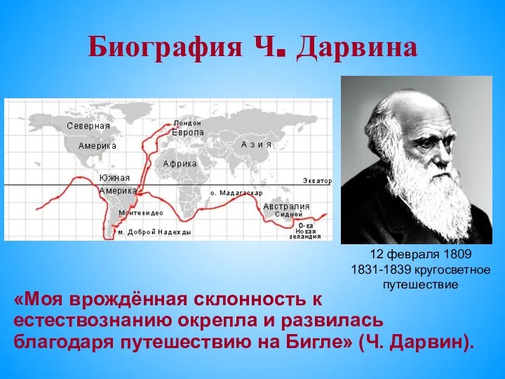 Биография Ч. Дарвина «Моя врождённая склонность к естествознанию окрепла и развилась