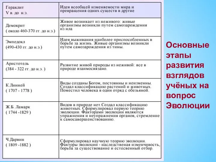 Основные этапы развития взглядов учёных на вопрос Эволюции