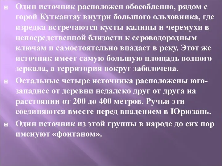 Один источник расположен обособленно, рядом с горой Куткантау внутри большого ольховника,