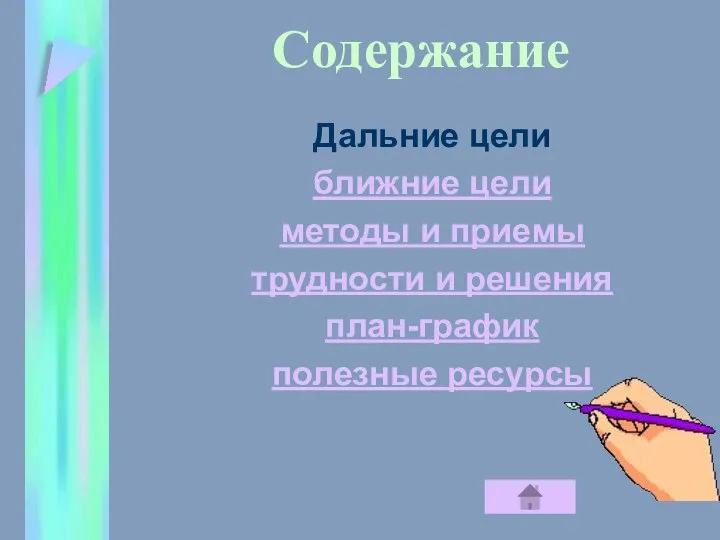 Содержание Дальние цели ближние цели методы и приемы трудности и решения план-график полезные ресурсы