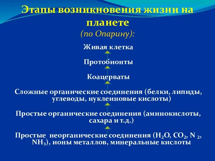 Этапы возникновения жизни на планете (по Опарину): Живая клетка Протобионты Коацерваты