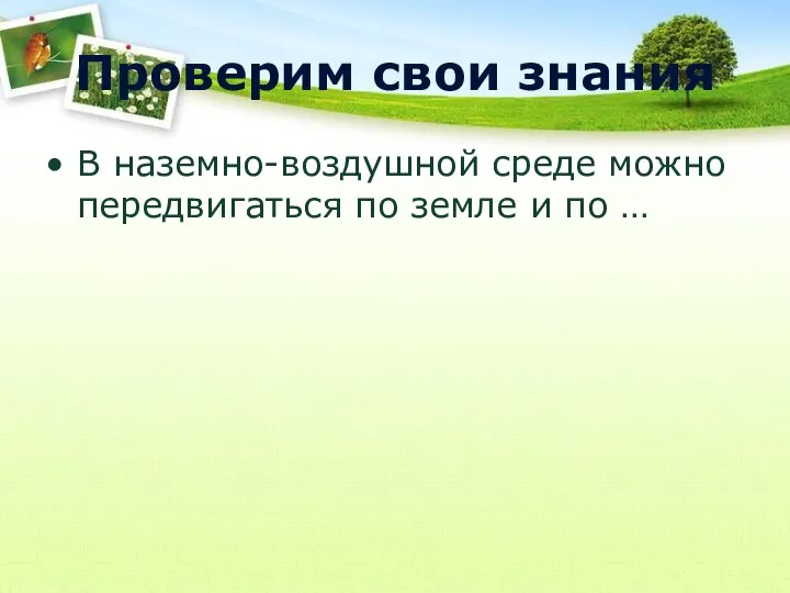 Проверим свои знания В наземно-воздушной среде можно передвигаться по земле и по …