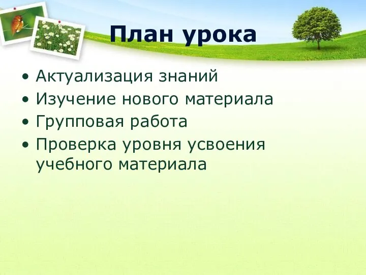 План урока Актуализация знаний Изучение нового материала Групповая работа Проверка уровня усвоения учебного материала