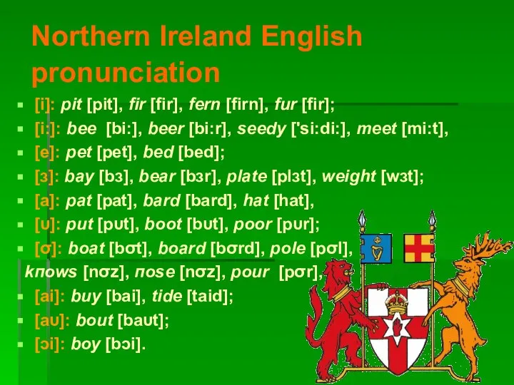 Northern Ireland English pronunciation [i]: pit [pit], fir [fir], fern [firn],