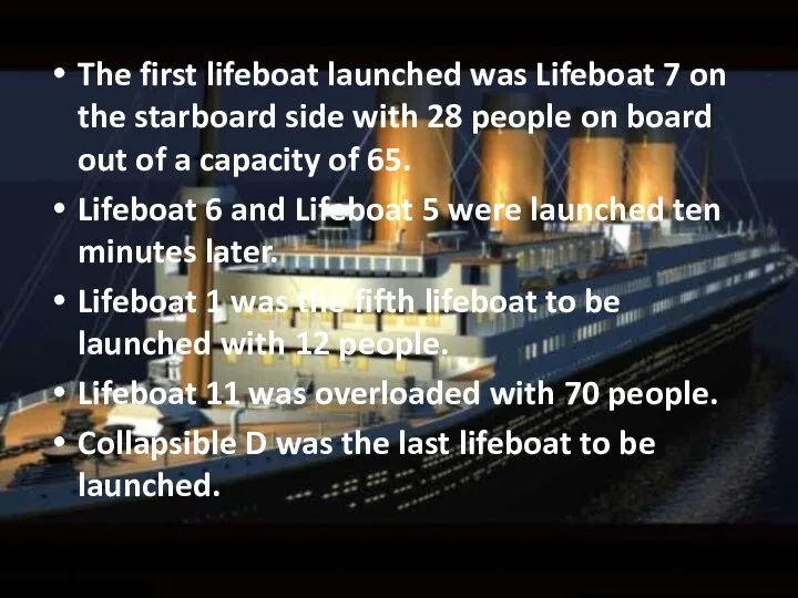 The first lifeboat launched was Lifeboat 7 on the starboard side