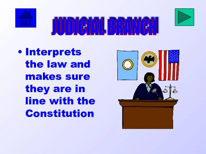 Interprets the law and makes sure they are in line with the Constitution JUDICIAL BRANCH