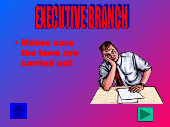 Makes sure the laws are carried out EXECUTIVE BRANCH