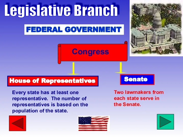 Legislative Branch FEDERAL GOVERNMENT Congress House of Representatives Senate Two lawmakers