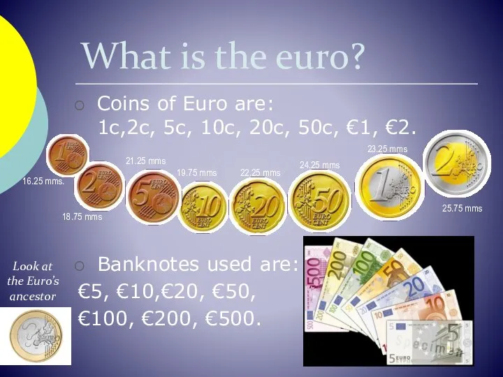 Coins of Euro are: 1c,2c, 5c, 10c, 20c, 50c, €1, €2.