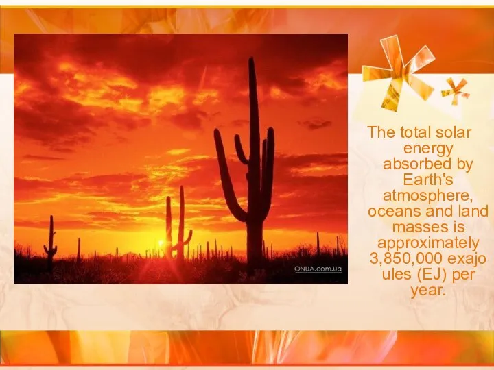 The total solar energy absorbed by Earth's atmosphere, oceans and land