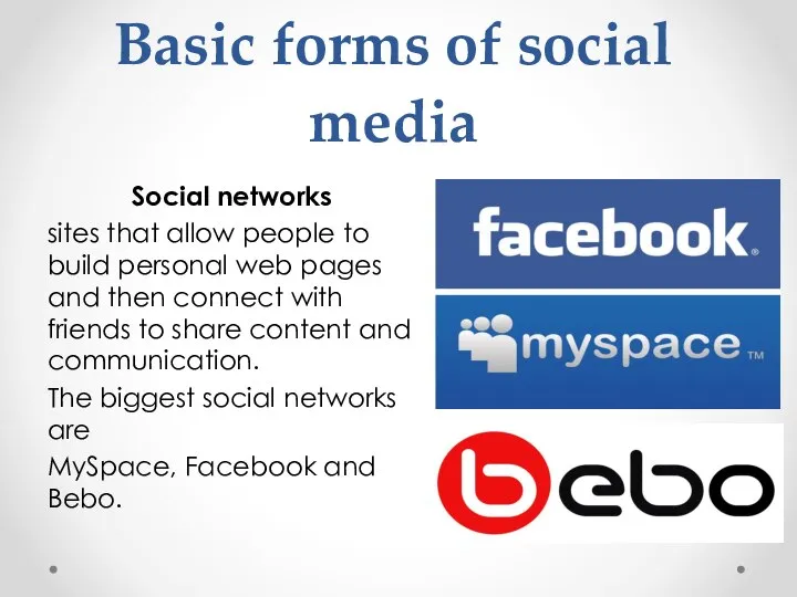 Basic forms of social media Social networks sites that allow people