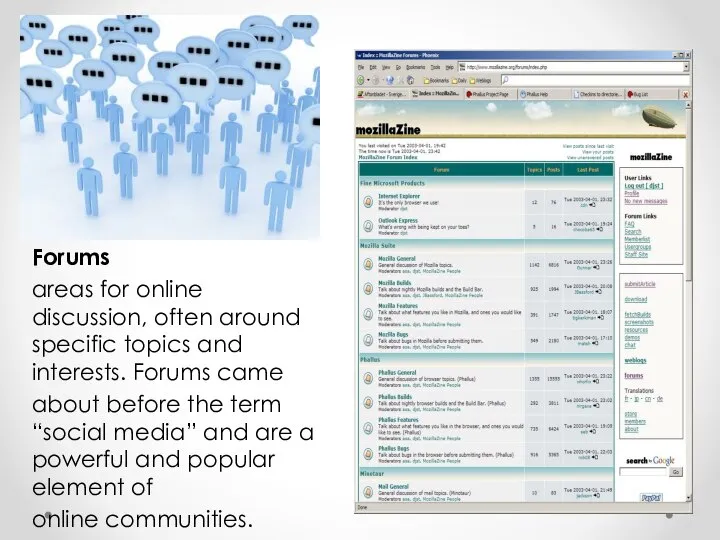 Forums areas for online discussion, often around specific topics and interests.