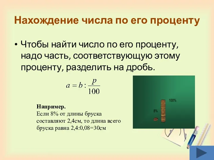 Нахождение числа по его проценту Чтобы найти число по его проценту,