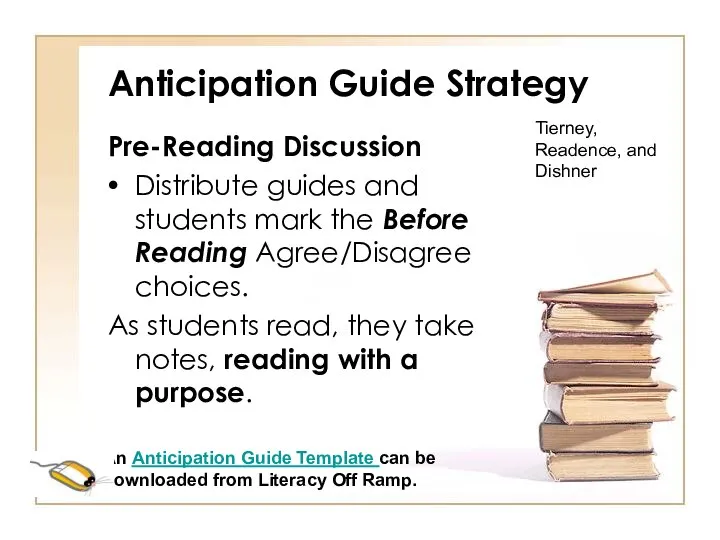 Anticipation Guide Strategy Pre-Reading Discussion Distribute guides and students mark the