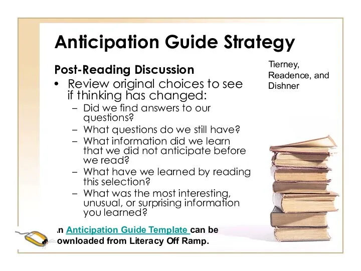 Anticipation Guide Strategy Post-Reading Discussion Review original choices to see if