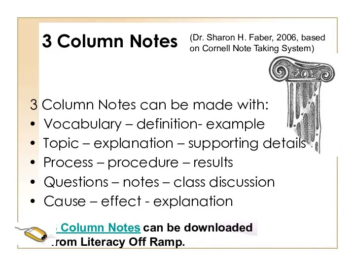 3 Column Notes (Dr. Sharon H. Faber, 2006, based on Cornell