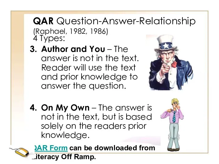 QAR Question-Answer-Relationship (Raphael, 1982, 1986) 4 Types: Author and You –