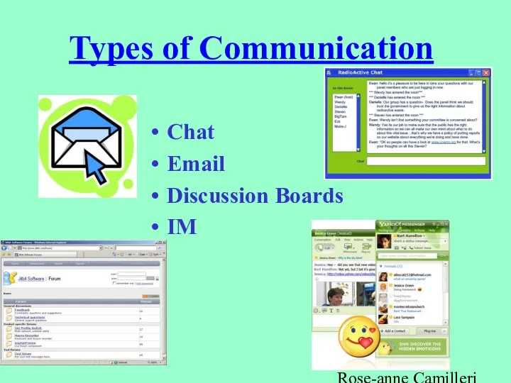 Be Safer Online Rose-anne Camilleri -ICT Types of Communication Chat Email Discussion Boards IM