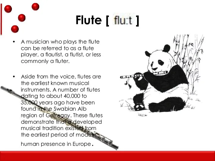 Flute [ ] A musician who plays the flute can be