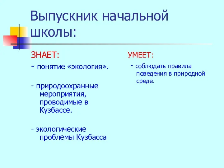 Выпускник начальной школы: ЗНАЕТ: - понятие «экология». - природоохранные мероприятия, проводимые