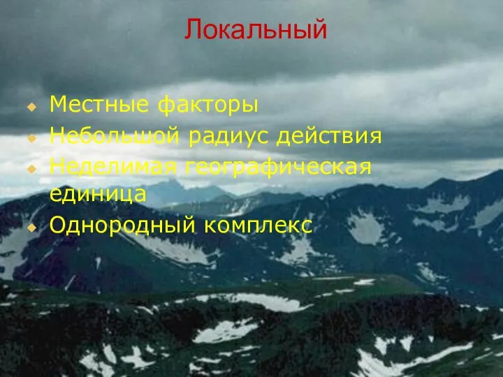 Локальный Местные факторы Небольшой радиус действия Неделимая географическая единица Однородный комплекс