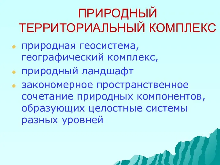 ПРИРОДНЫЙ ТЕРРИТОРИАЛЬНЫЙ КОМПЛЕКС природная геосистема, географический комплекс, природный ландшафт закономерное пространственное